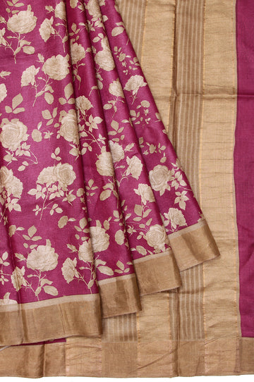 Magenta Tussar Silk Saree with Beige Pallu and Copper Zari