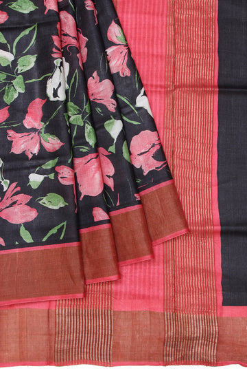 Black Tussar Silk Saree with Peach Border