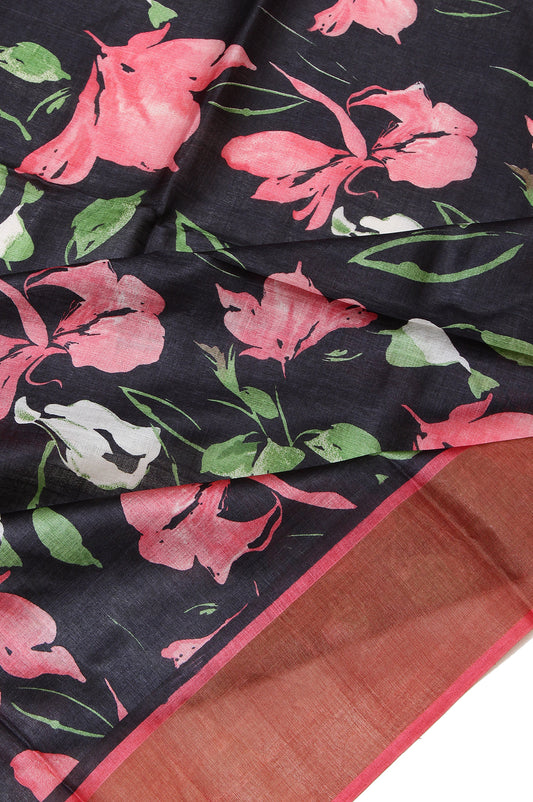 Black Tussar Silk Saree with Peach Border