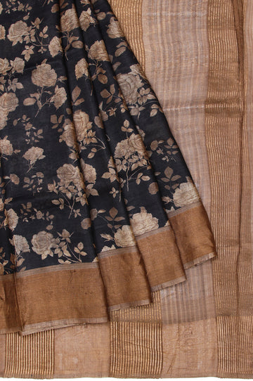 Black Tussar Silk Saree with Floral Motifs and Beige Border