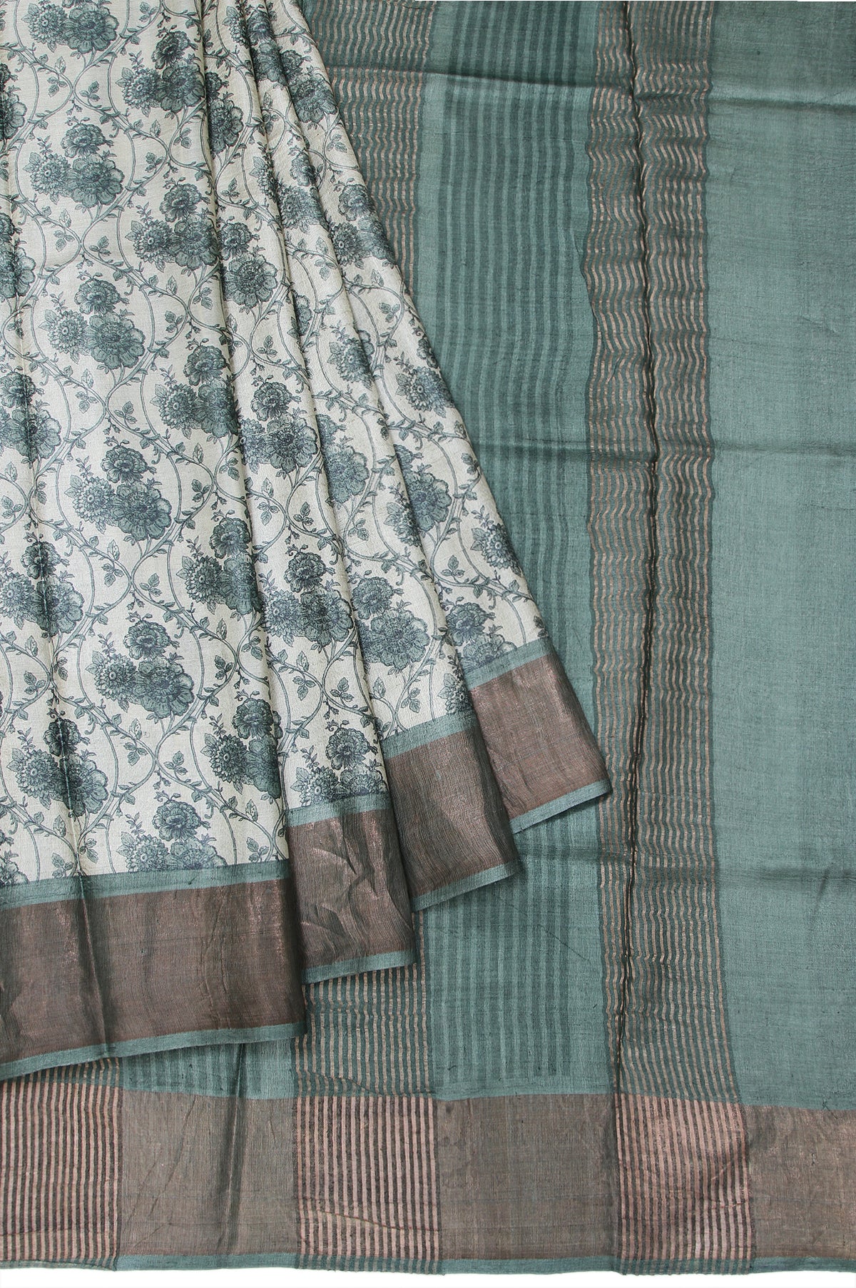 Cream Tussar Silk Saree with Green Border