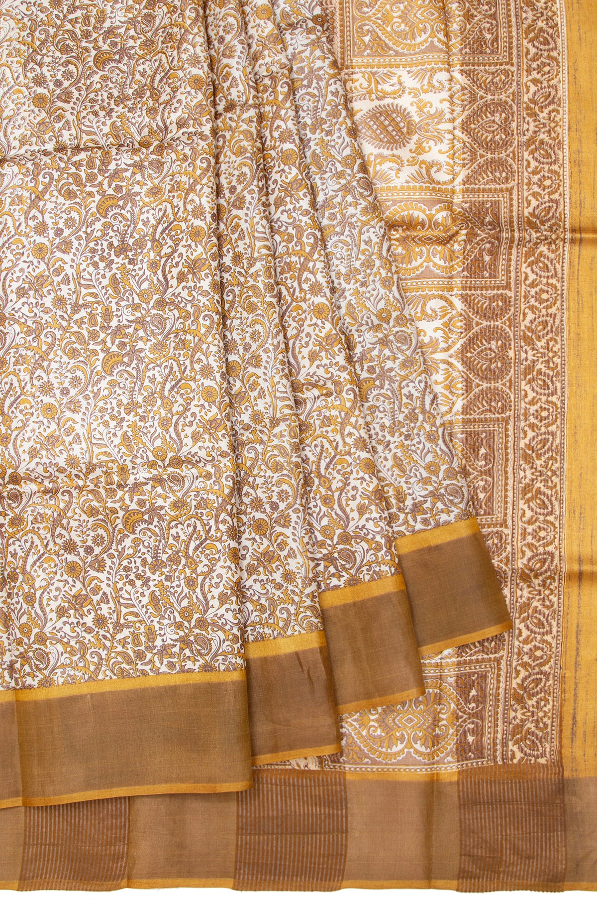 Cream Tussar Silk Saree with Mehendi Green Blouse