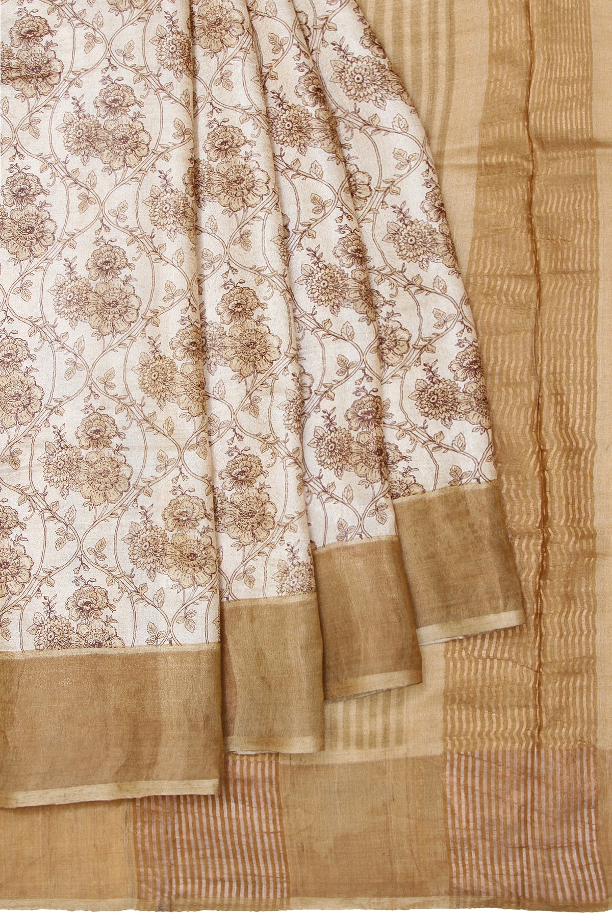 Sandal Tussar Silk Saree with Gold Zari Striped Blouse