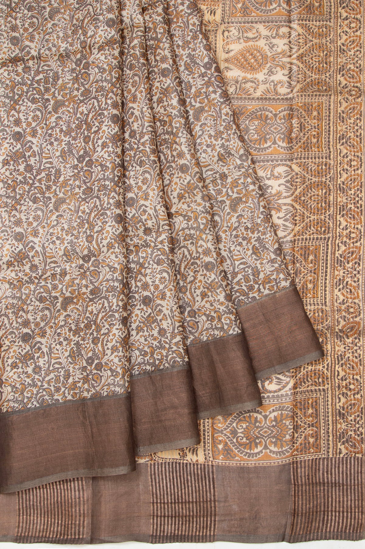 Cream Tussar Silk Saree with Dark Green Border