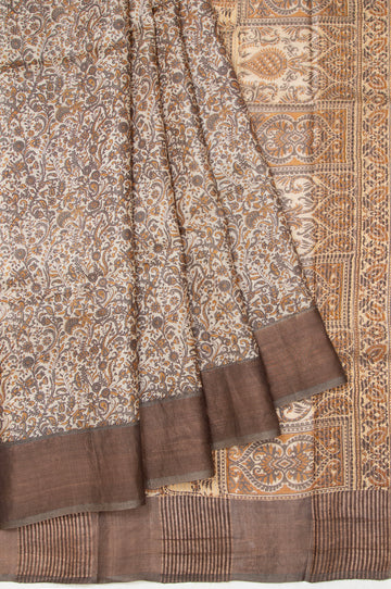 Cream Tussar Silk Saree with Floral Jaal and Dark Green Border