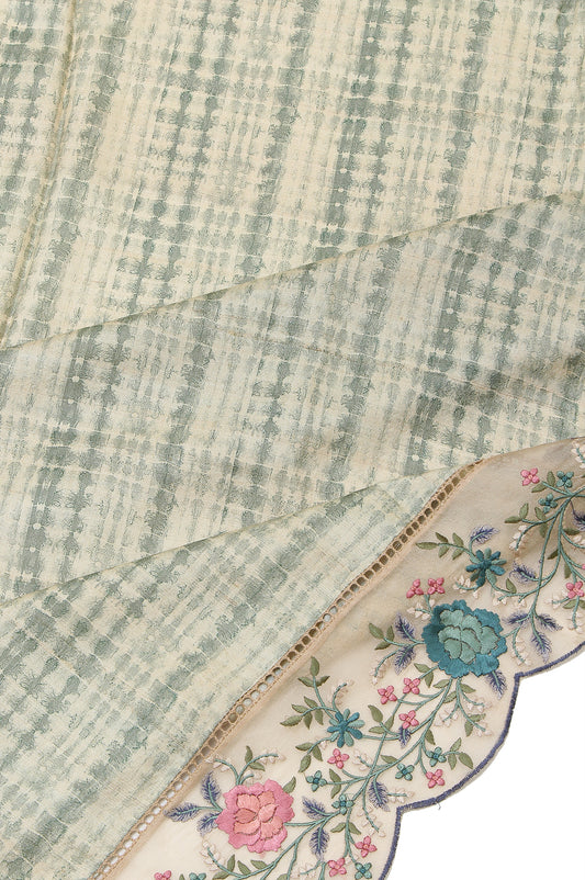 Green Tussar Silk Saree with Thread Work Floral Creeper and Scallop Border