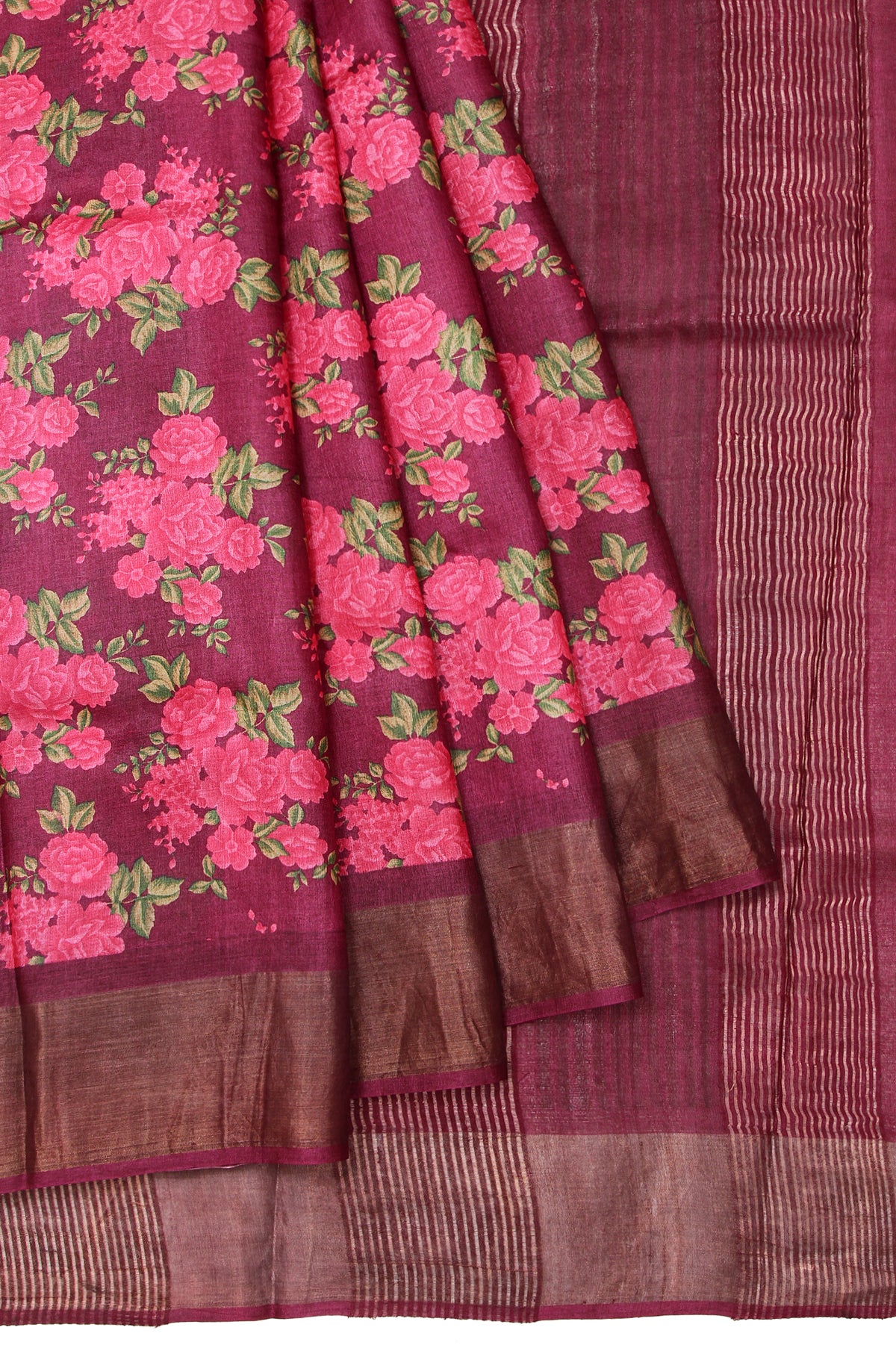 Maroon Tussar Silk Saree with Floral Motifs