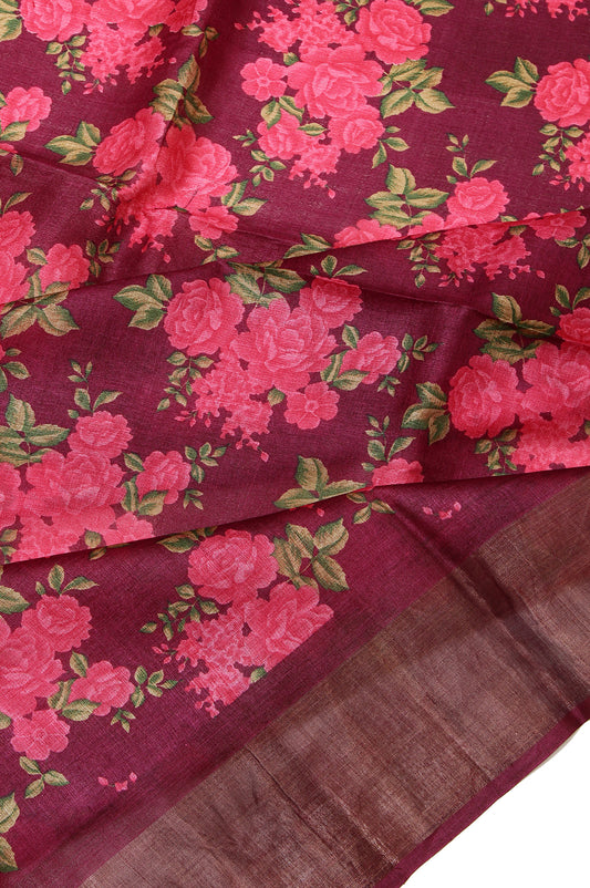 Maroon Tussar Silk Saree with Floral Motifs