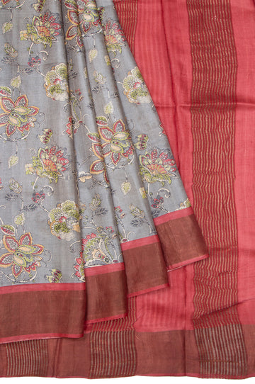 Ash Tussar Silk Saree with Floral Jaal