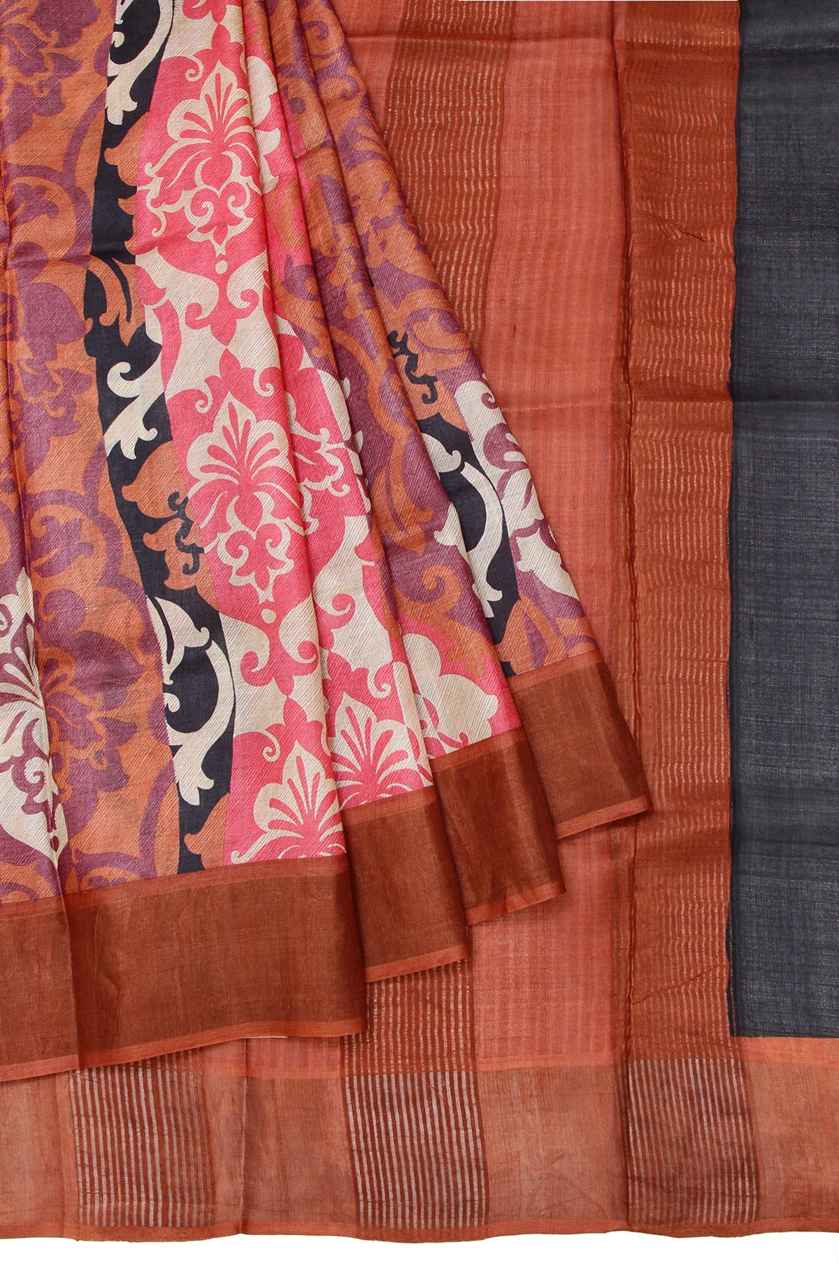 Multi Colour Tussar Silk Saree with Brown Kaddi Border