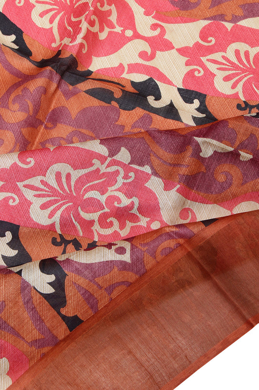 Multi Colour Tussar Silk Saree with Brown Kaddi Border