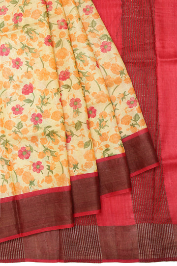 Yellow Tussar Silk Saree with Red Border