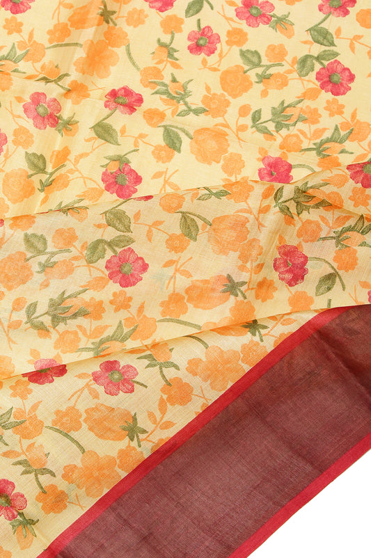 Yellow Tussar Silk Saree with Red Border