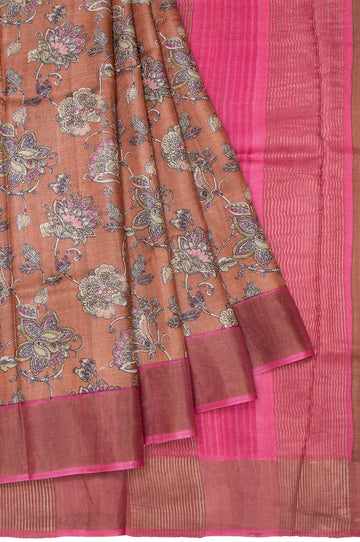 Brown Tussar Silk Saree with Onion Pink Border and Copper Zari