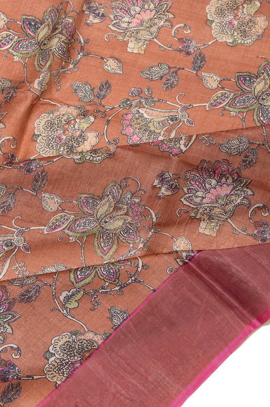 Brown Tussar Silk Saree with Onion Pink Border