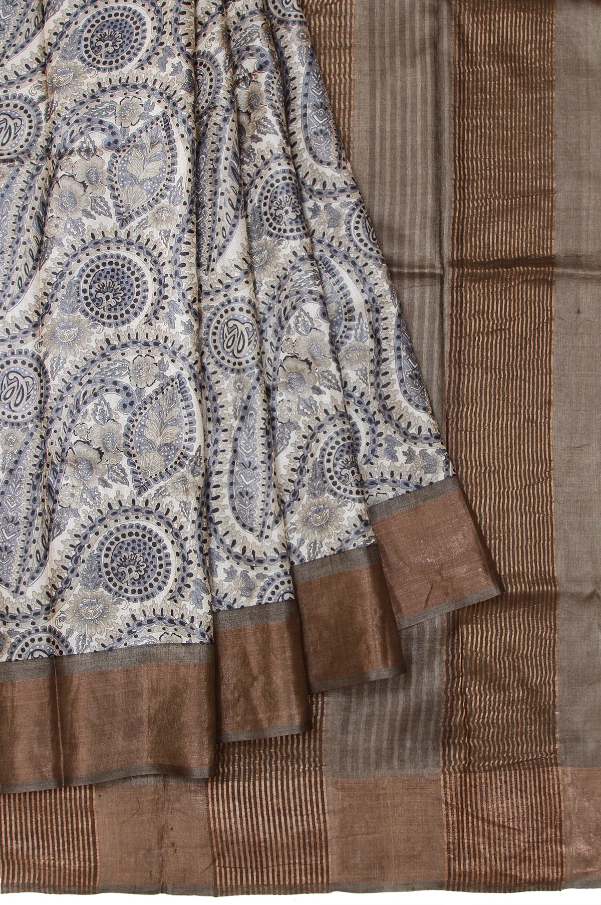 Beige Tussar Silk Saree with Copper Zari Border