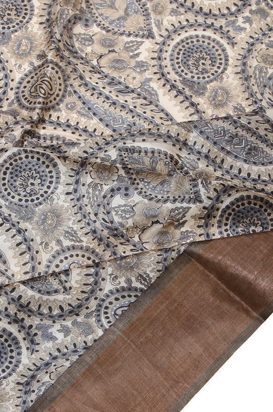 Beige Tussar Silk Saree with Paisley Motifs