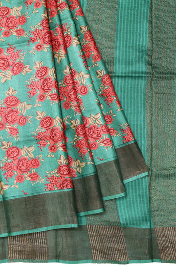 Sea Green Tussar Silk Saree with Copper Zari