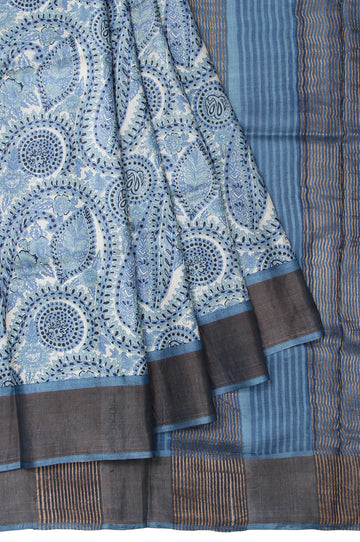 Indigo Tussar Silk Saree with Paisley Motifs and Copper Zari