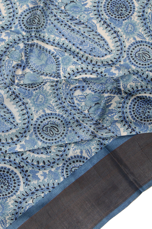 Indigo Tussar Silk Saree with Paisley Motifs and Copper Zari