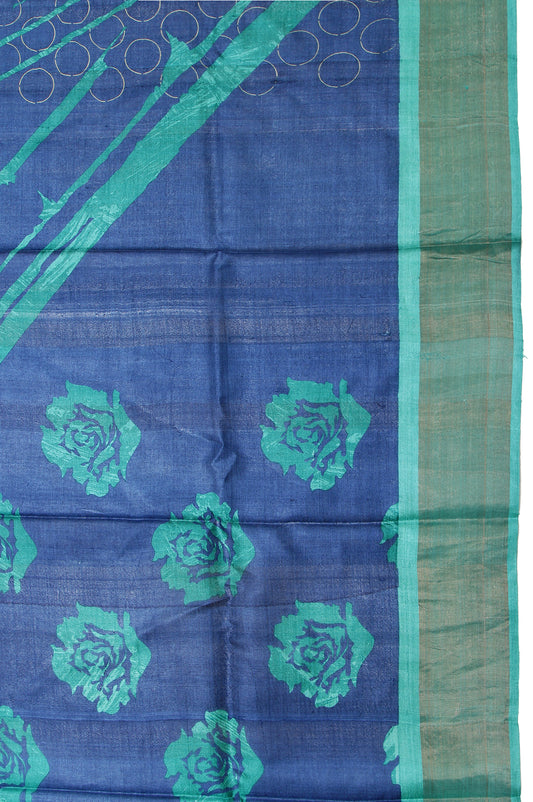 Peacock Blue Tussar Silk Saree with Sea Green Border