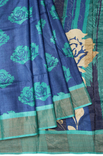 Peacock Blue Tussar Silk Saree with Sea Green Border