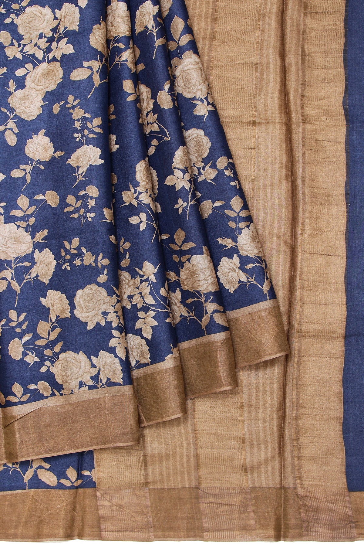 Peacock Blue Tussar Silk Saree with Floral Design