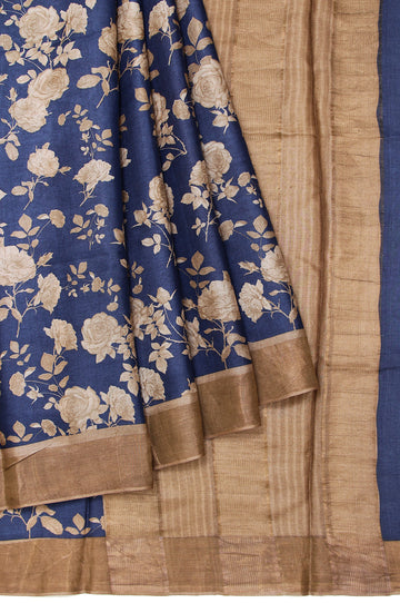 Peacock Blue Tussar Silk Saree with Floral Design