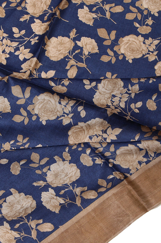 Peacock Blue Tussar Silk Saree with Floral Design