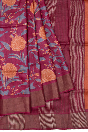 Maroon Tussar Silk Saree with Copper Zari and Floral Motifs