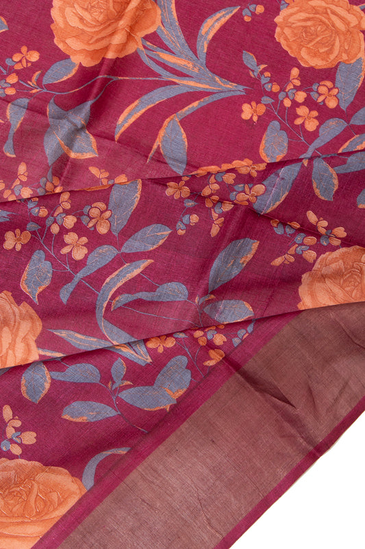 Maroon Tussar Silk Saree with Copper Zari and Floral Motifs