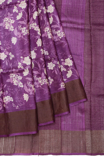 Purple Tussar Silk Saree with Floral Motifs