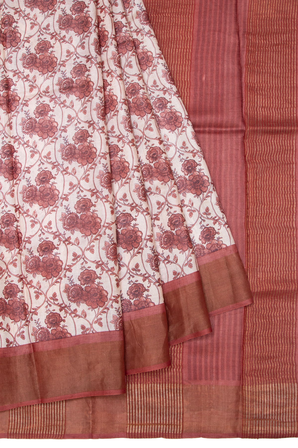 Cream Tussar Silk Saree with Onion Pink Border