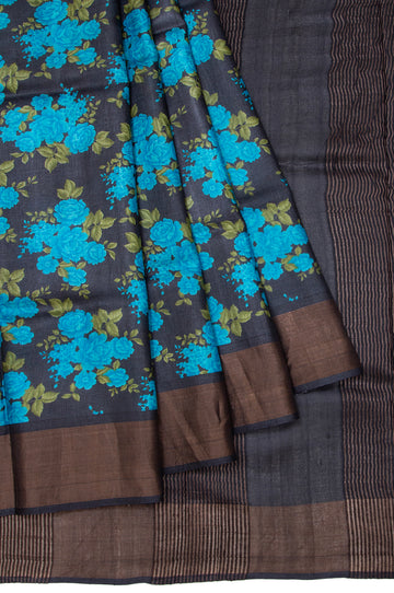 Black Tussar Silk Saree with Floral Motifs