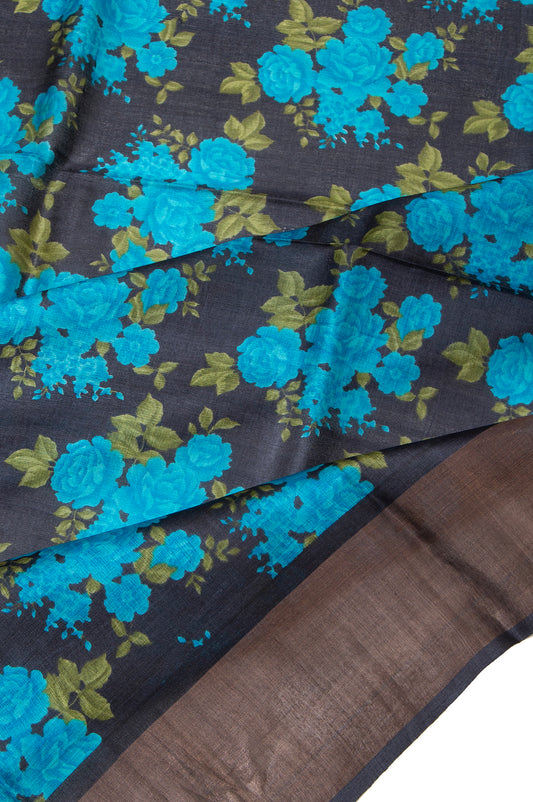 Black Tussar Silk Saree with Floral Motifs