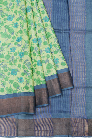 Pista Green Tussar Silk Saree with Floral Motifs and Copper Zari