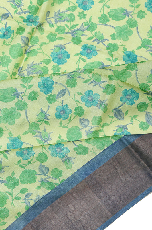 Pista Green Tussar Silk Saree with Floral Motifs and Copper Zari