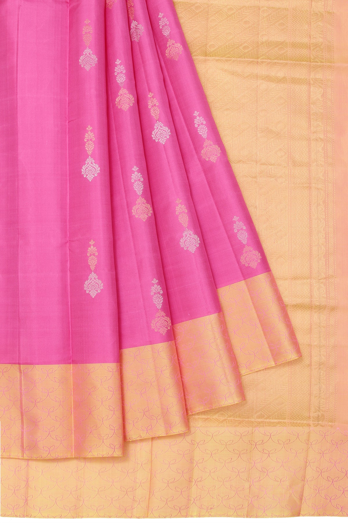 Pink Soft Silk Saree with Yellow Border and Gold Zari Temple Design