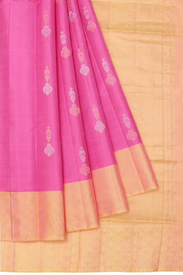 Pink Soft Silk Saree with Yellow Border and Gold Zari Temple Design