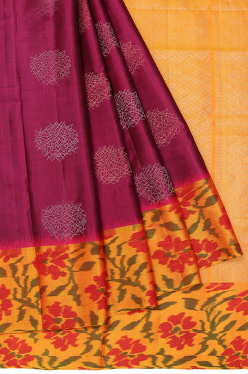 Magenta Soft Silk Saree with Mustard Border and Floral Motifs