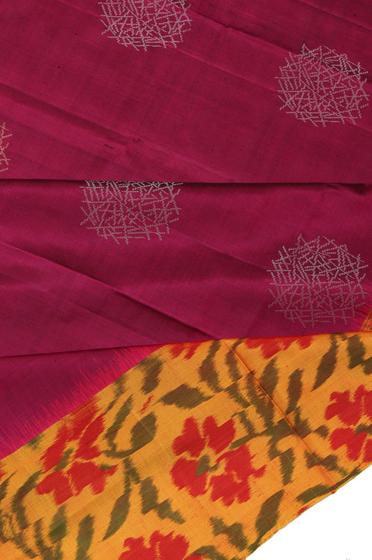 Magenta Soft Silk Saree with Mustard Border and Floral Motifs