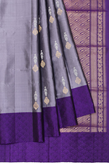 Grey Soft Silk Saree with Blue Thread Work Border and Gold Zari Patterns