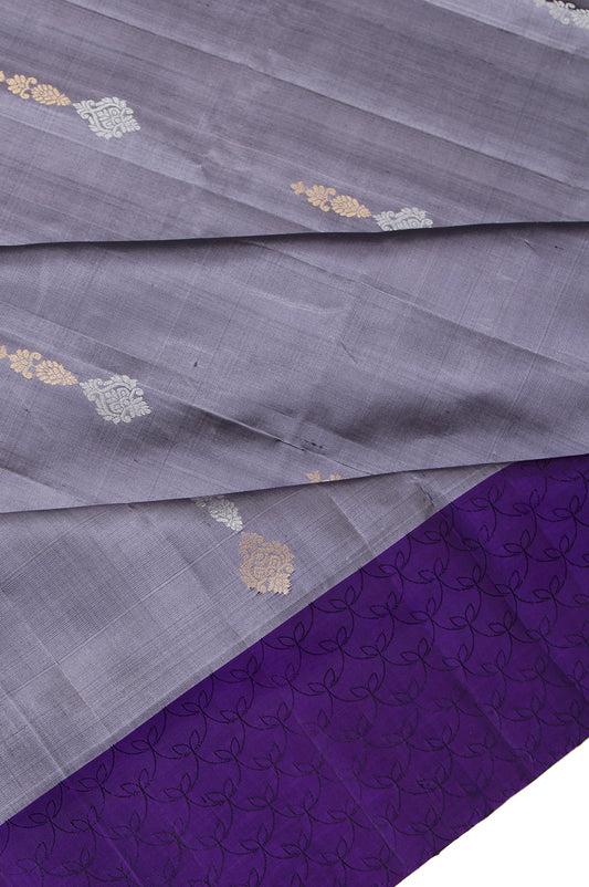 Grey Soft Silk Saree with Blue Thread Work Border and Gold Zari Patterns