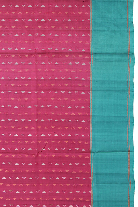 Magenta Soft Silk Saree with Sea Blue Border and Gold & Silver Zari Checks