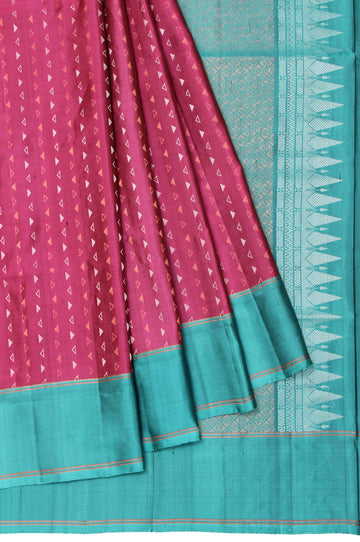 Magenta Soft Silk Saree with Sea Blue Border and Gold & Silver Zari Checks