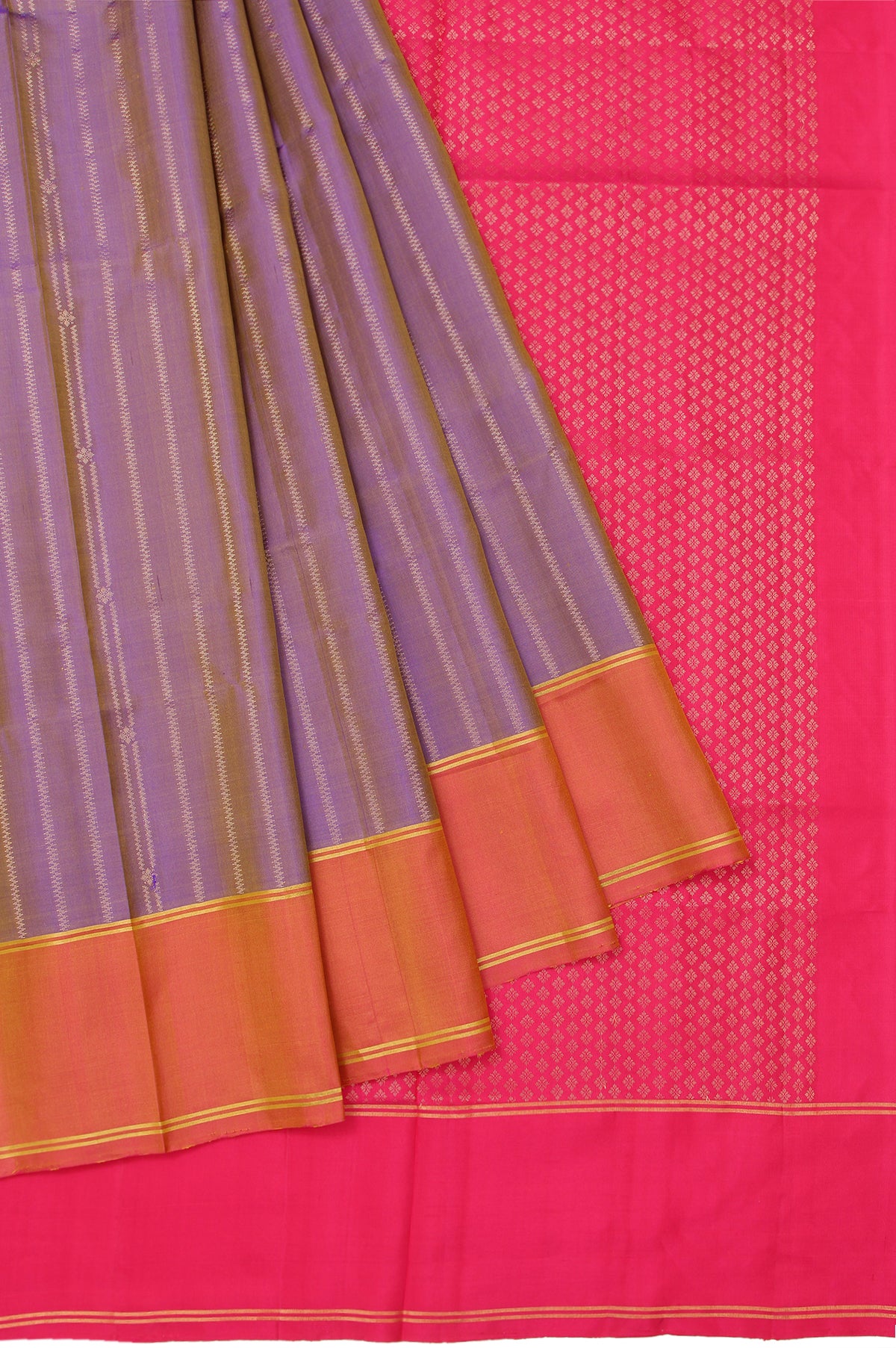 Violet Soft Silk Saree with Pink Border and Gold Zari Flower Buttas