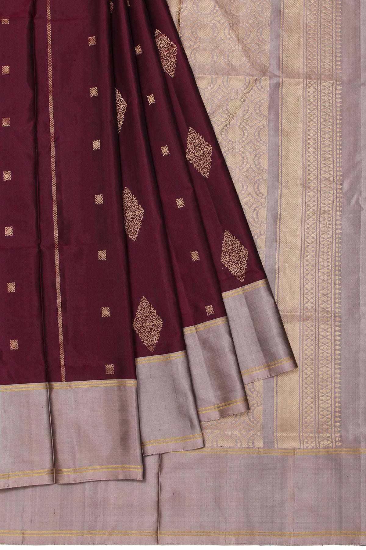 Brown Soft Silk Saree with Light Brown Border and Gold Zari Motifs