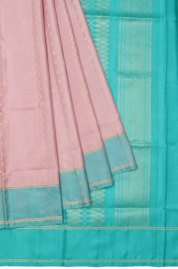 Peach Soft Silk Saree with Sea Green Border and Gold Zari Checks