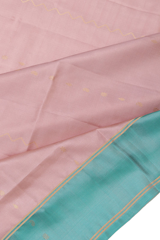 Peach Soft Silk Saree with Sea Green Border and Gold Zari Checks