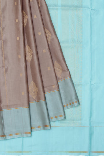 Ash Soft Silk Saree with Sky Blue Border and Gold Zari Buttas